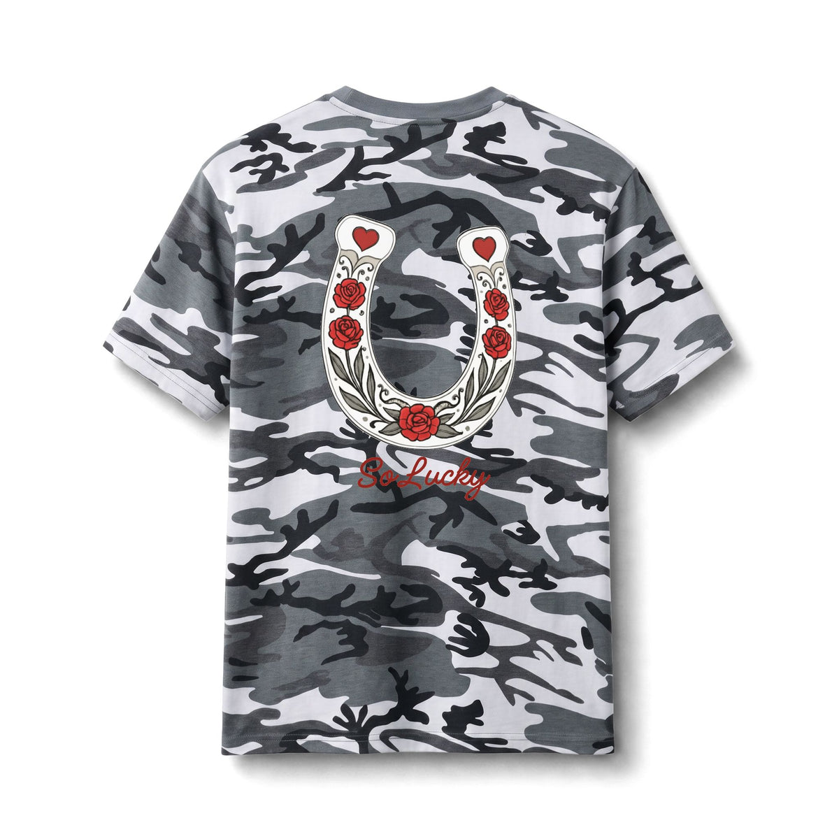 Camo Horseshoe Tee — Lucky Rose Graphic Cotton T‑Shirt