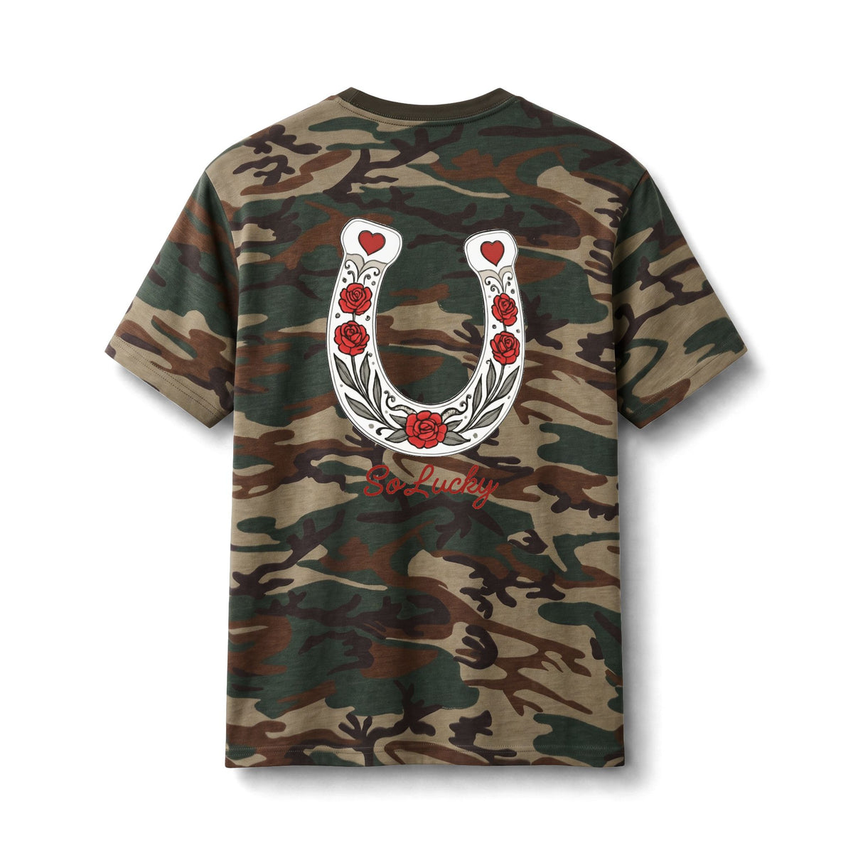 Camo Horseshoe Tee — Lucky Rose Graphic Cotton T‑Shirt