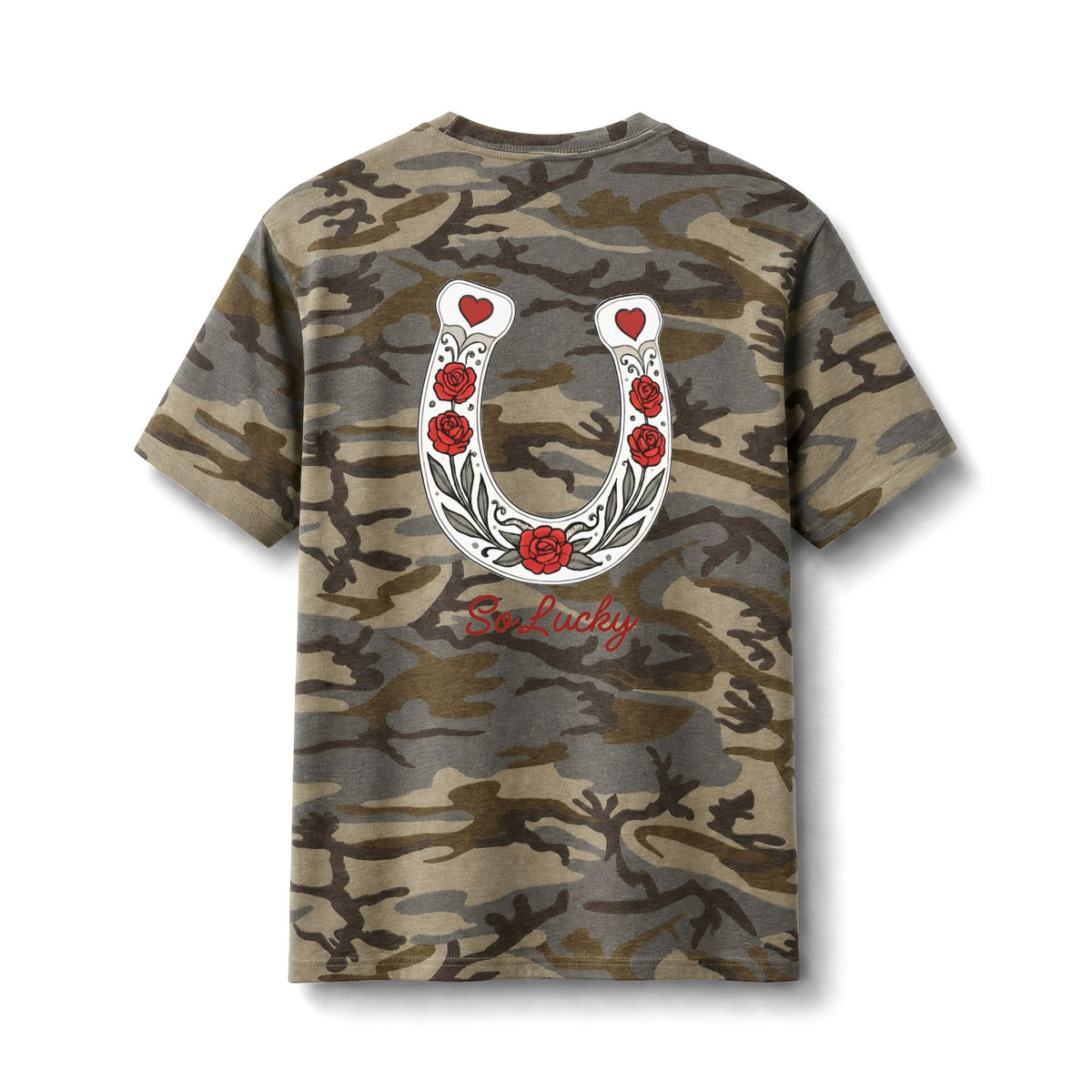 Camo Horseshoe Tee — Lucky Rose Graphic Cotton T‑Shirt