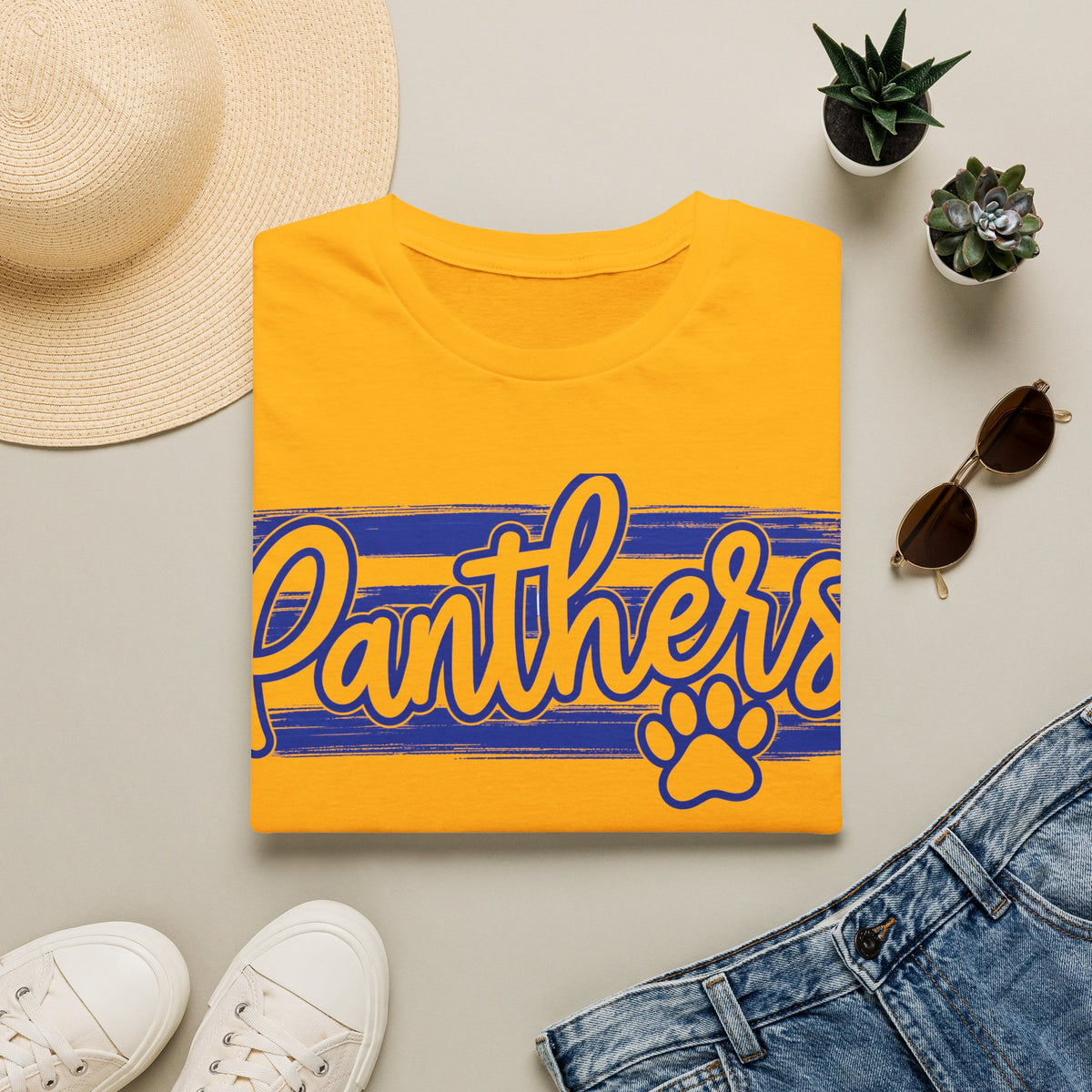 Panthers Paw Script T-Shirt — Vintage Striped School Spirit Tee